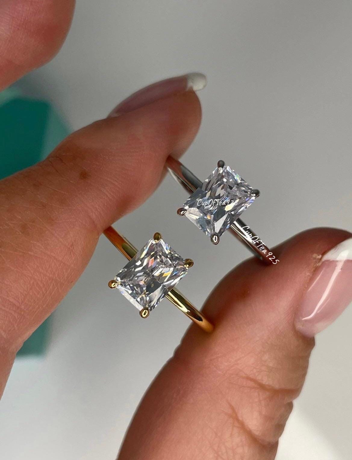 The Alessandra. 18K Yellow Gold Over Sterling Silver 925 Engagement Ring with the finest 2CT Radiant cut simulated diamond.