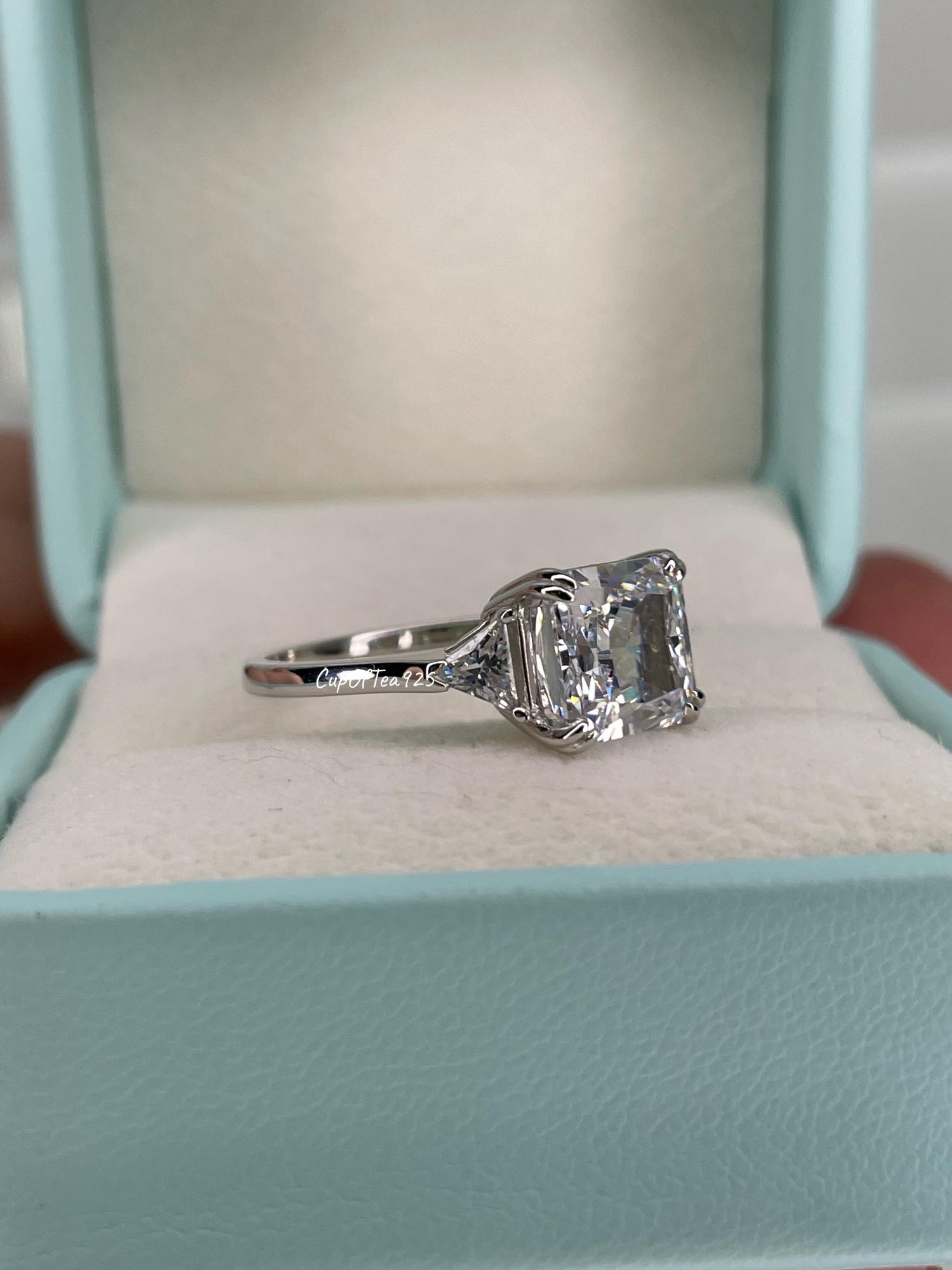 Crushed ice 3CT engagement ring with 8A CZ simulated diamond in sterling silver 925. Engagement ring, promise ring, three stone ring