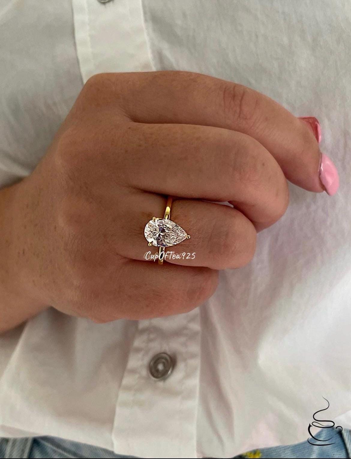 Yellow Gold Vermeil, Sterling Silver 925 2CT or 3.5CT CZ Pear cut Solitaire Engagement Ring, tear drop ring, travel ring