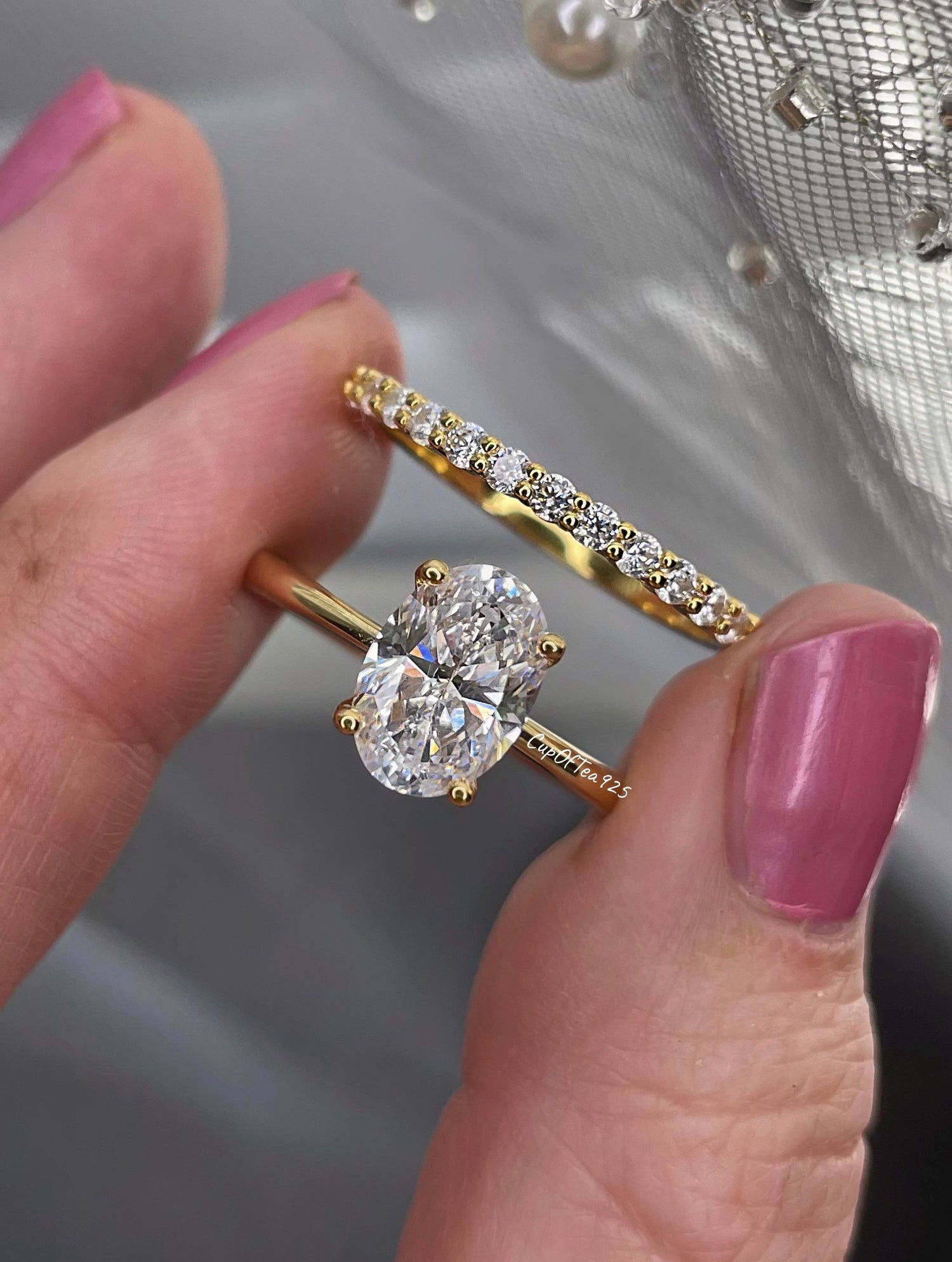 Oval Moissanite Engagement Ring Set, Gold vermeil, Sterling silver 925 Bridal Jewelry