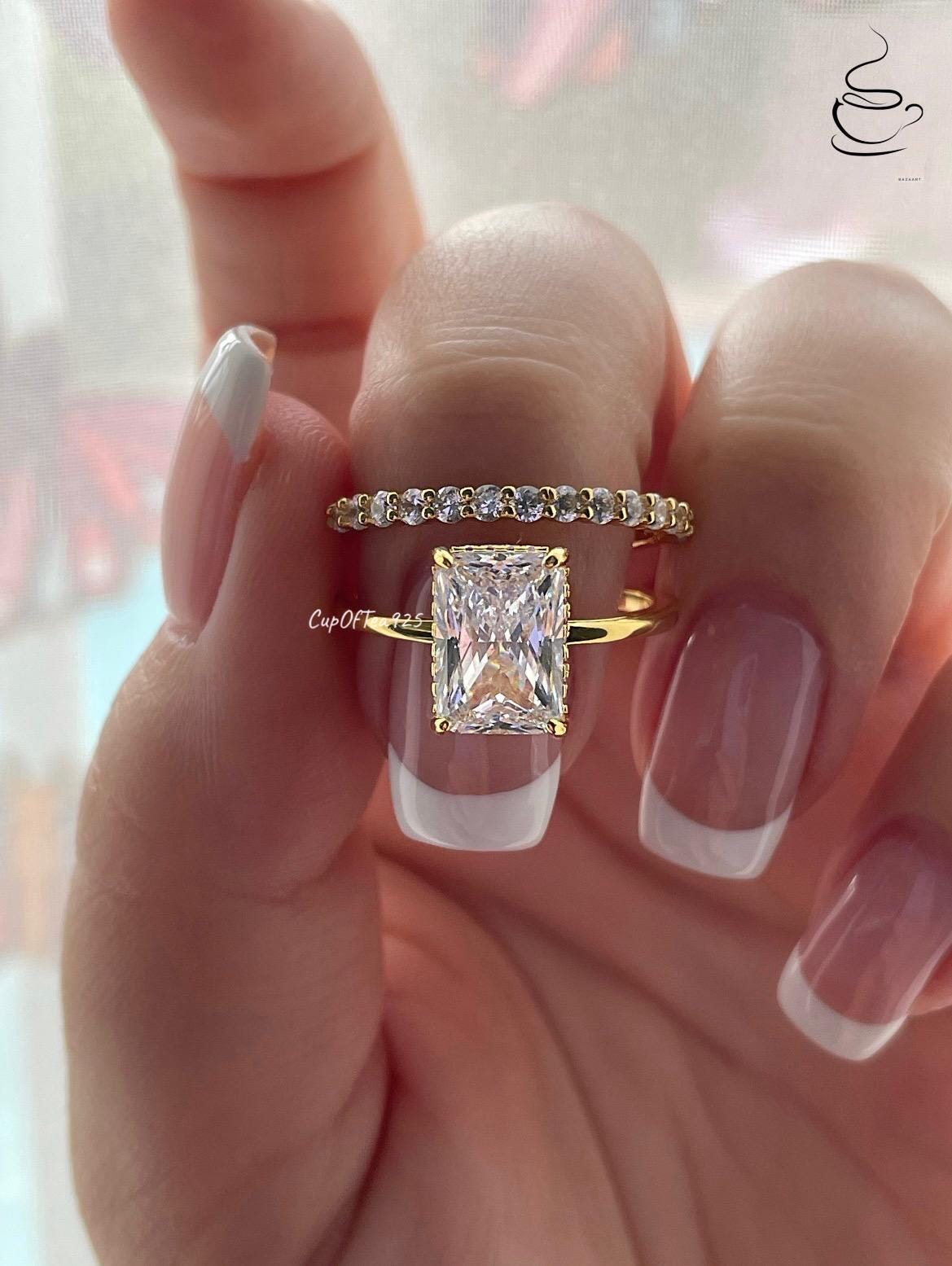 Hidden halo.Gold over Sterling Silver 925 Bridal Set with 2CT,3CT Radiant Cut CZ engagement ring with hidden halo and half eternity band.
