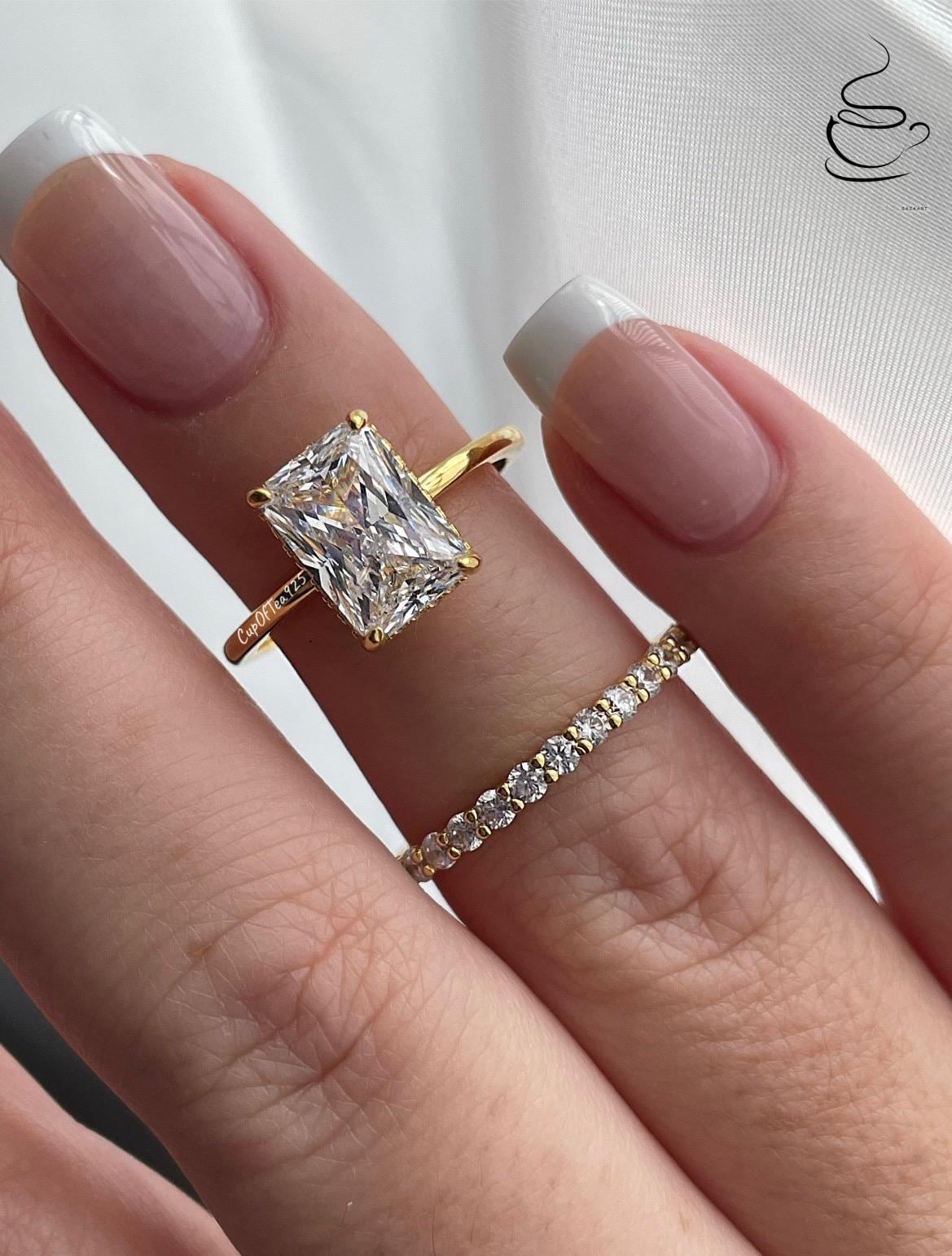 Hidden halo.Gold over Sterling Silver 925 Bridal Set with 2CT,3CT Radiant Cut CZ engagement ring with hidden halo and half eternity band.