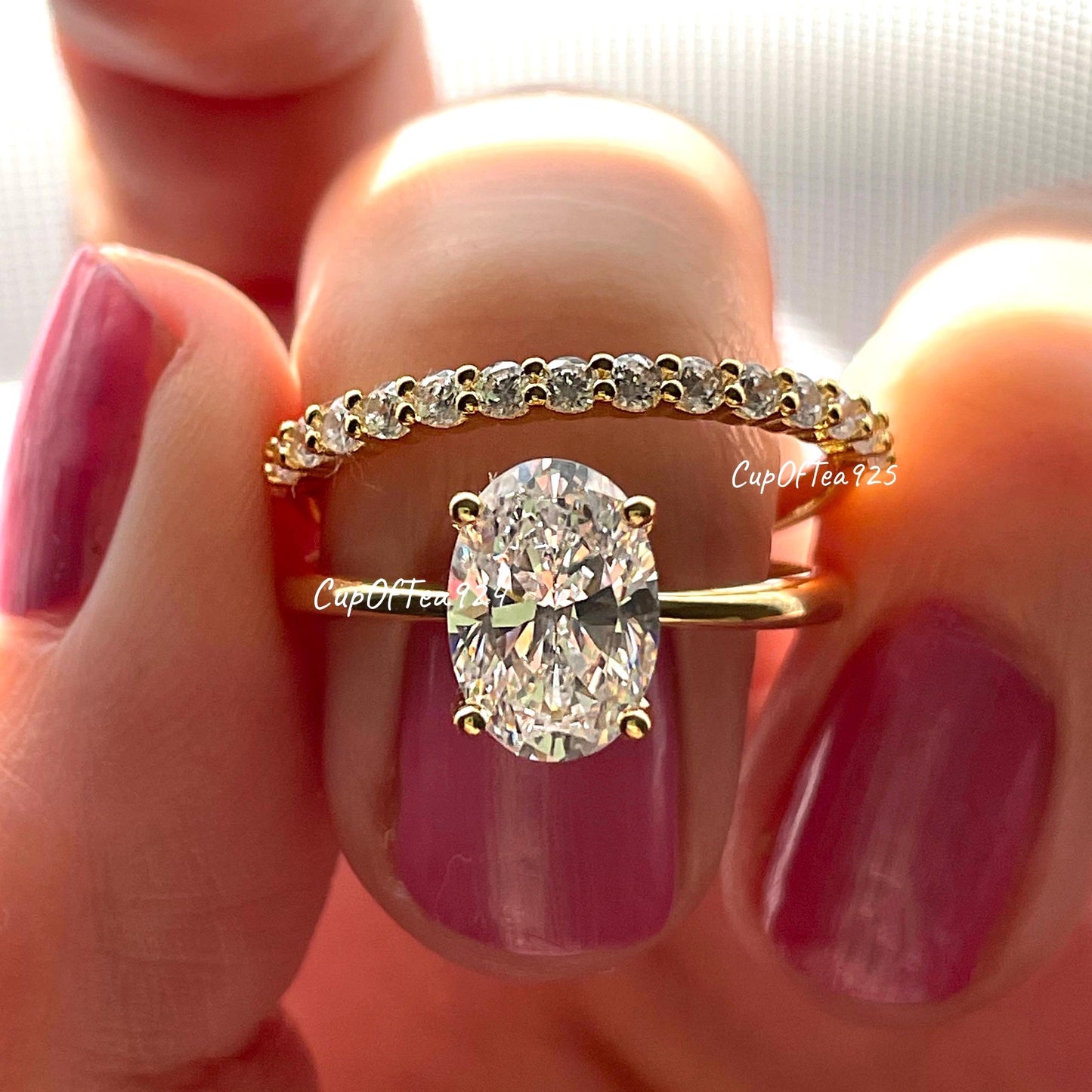 Oval Moissanite Engagement Ring Set, Gold vermeil, Sterling silver 925 Bridal Jewelry