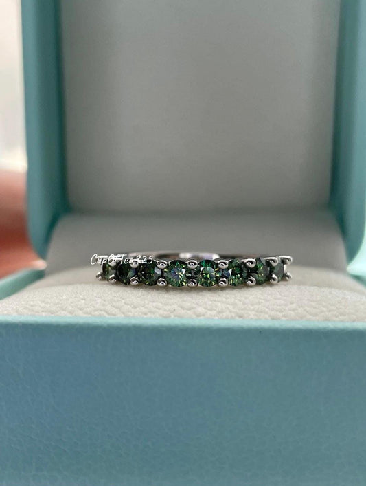 Green Moissanite band. Sterling silver 925 half eternity band with Green Moissanite, wedding band, moissanite ring