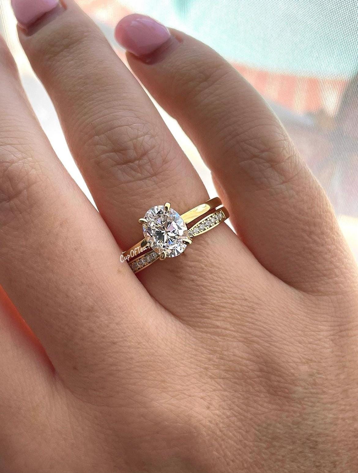 Yellow Gold vermeil engagement ring Set with 2CT Oval cut D VVS moissanite or CZ and curved moissanite band