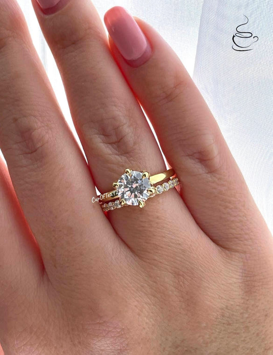 Yellow Gold over Sterling Silver 925 Bridal Set with 2CT Round Brilliant Cut engagement ring and half eternity band.