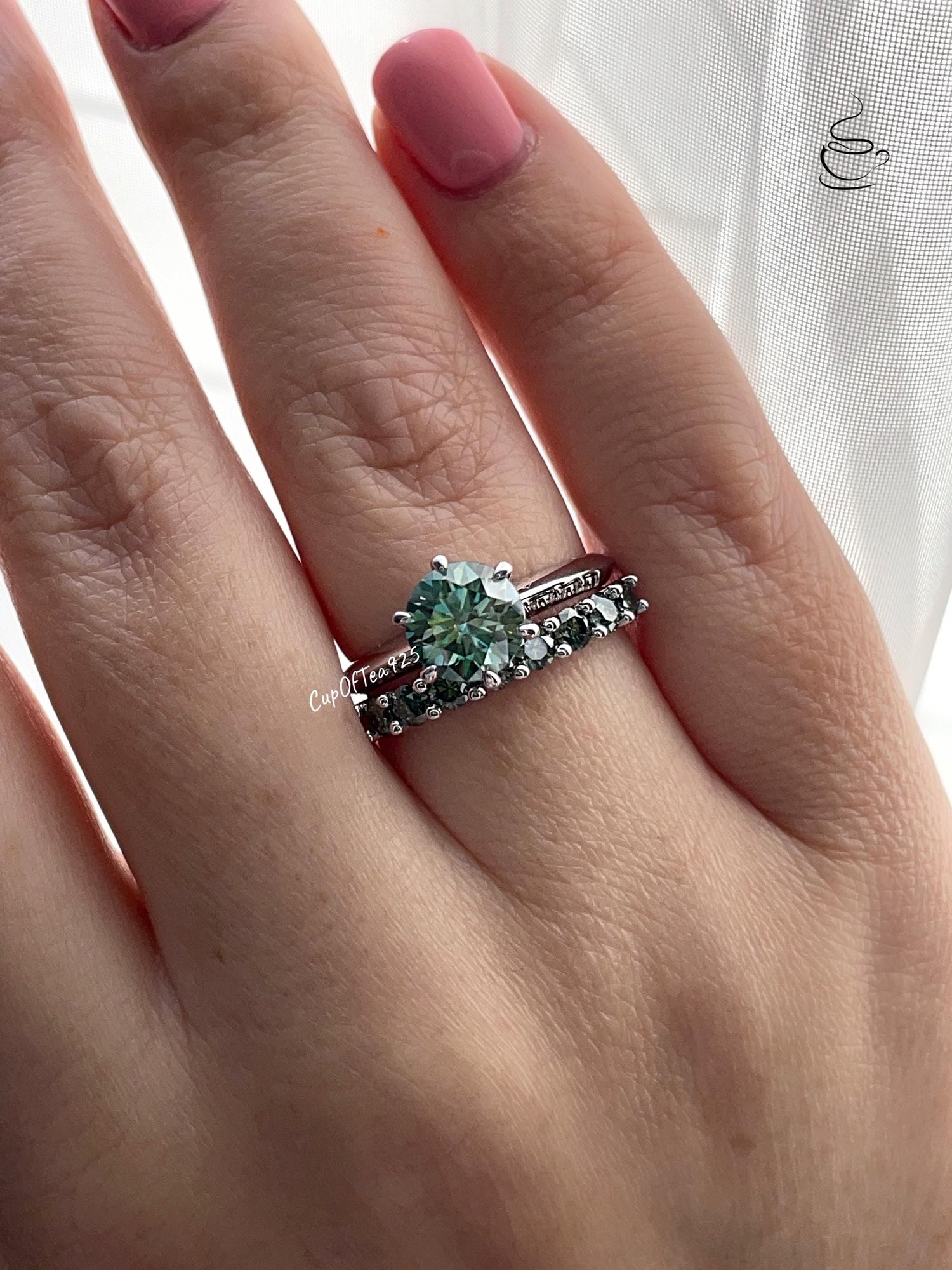Green Moissanite Ring Set in Sterling Silver 925, engagement Moissanite ring, moissanite engagement ring