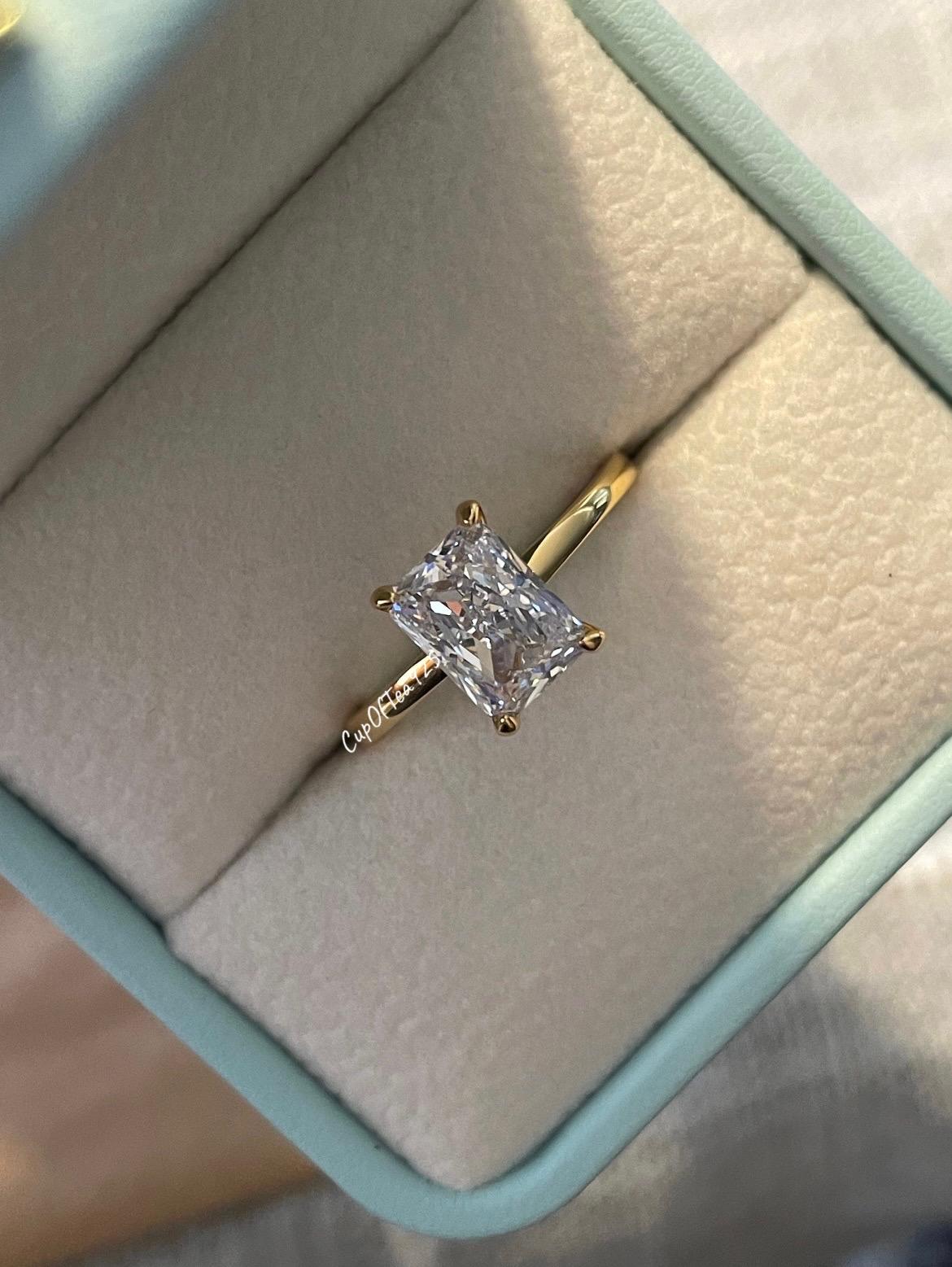 The Alessandra. 18K Yellow Gold Over Sterling Silver 925 Engagement Ring with the finest 2CT Radiant cut simulated diamond.