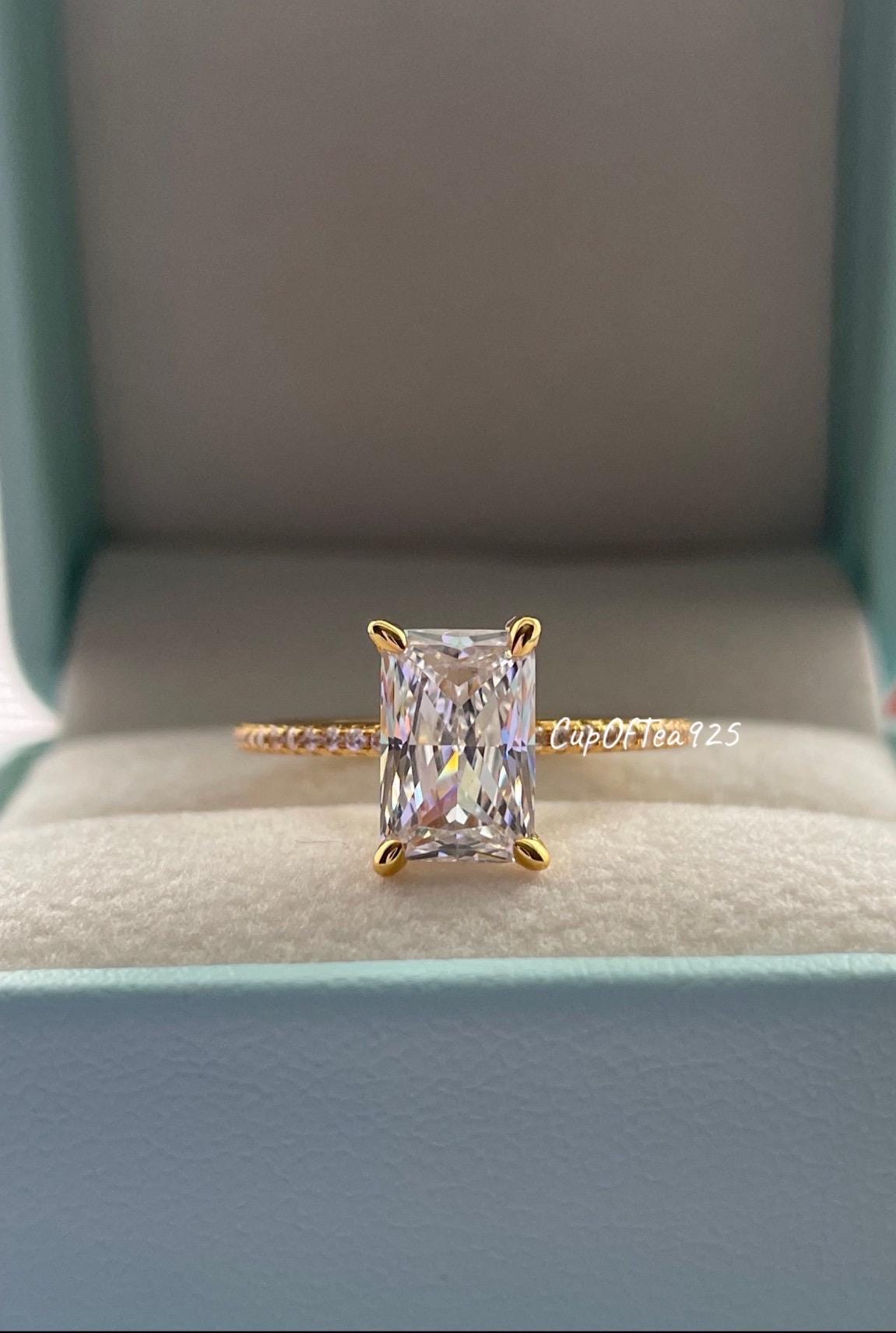 Radiant Cut Simulated Diamond Engagement Ring: 18K Yellow Gold over Sterling Silver, Hidden Halo
