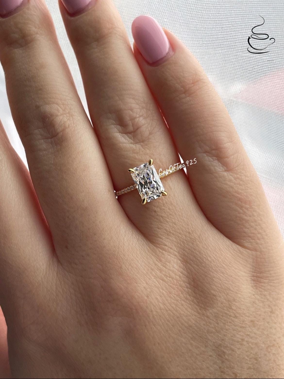 Radiant Cut Simulated Diamond Engagement Ring: 18K Yellow Gold over Sterling Silver, Hidden Halo
