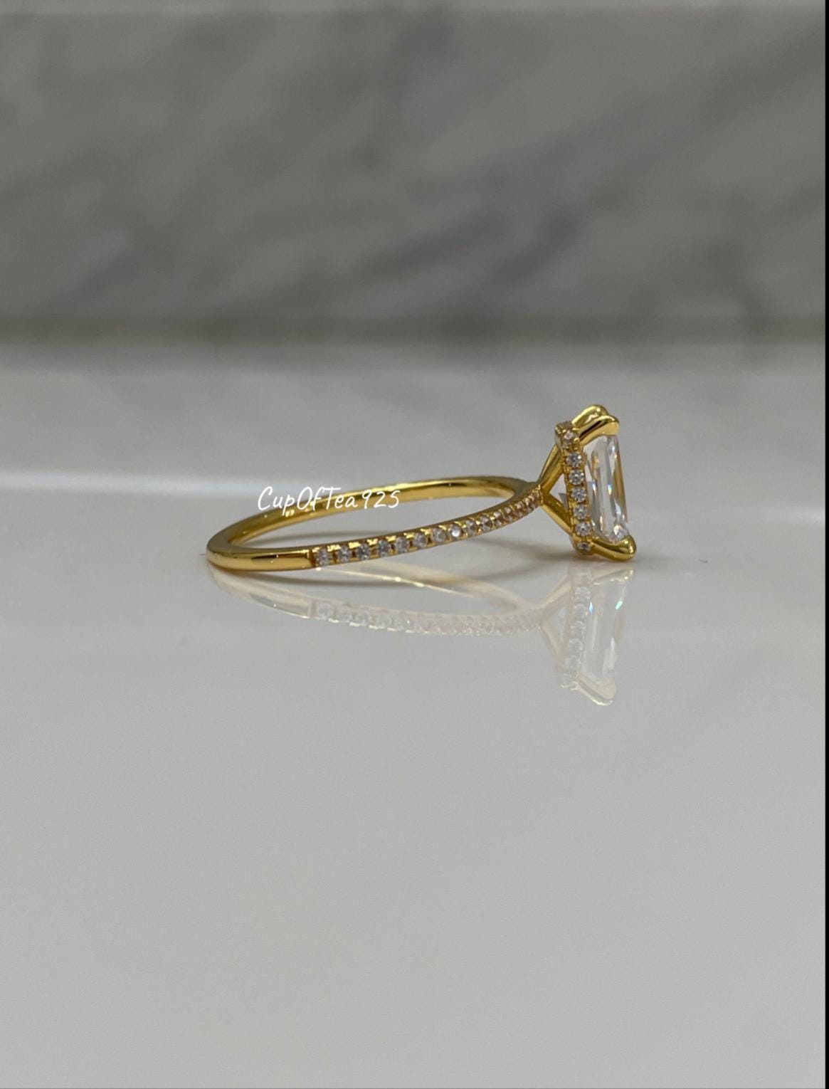 Radiant Cut Simulated Diamond Engagement Ring: 18K Yellow Gold over Sterling Silver, Hidden Halo