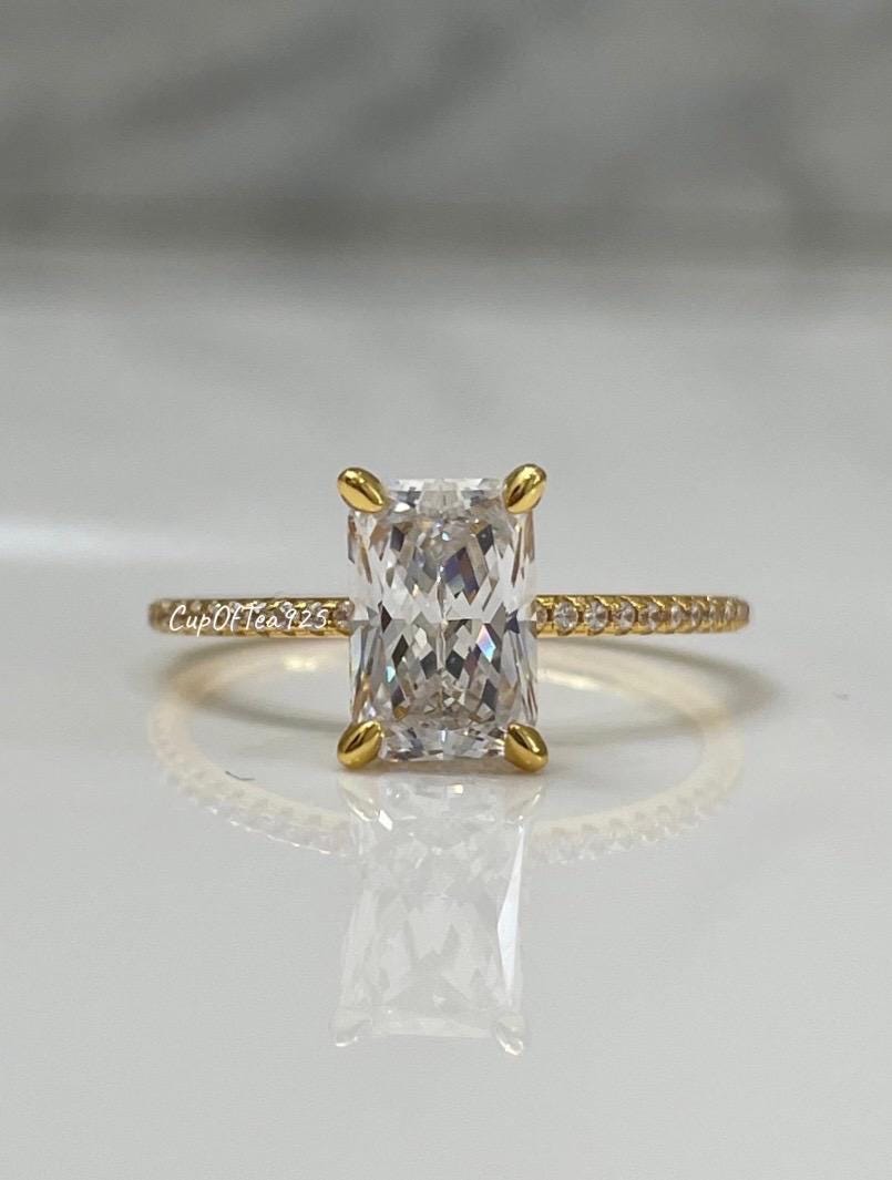 Radiant Cut Simulated Diamond Engagement Ring: 18K Yellow Gold over Sterling Silver, Hidden Halo