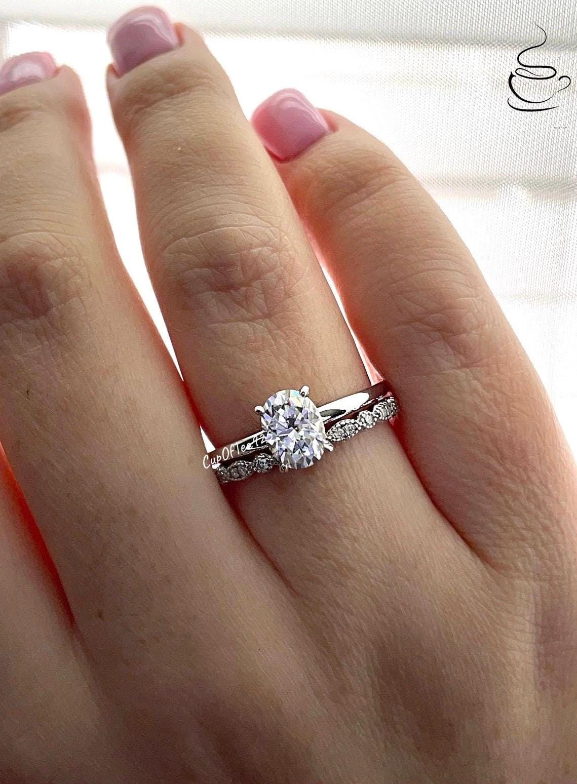Moissanite engagement ring set. 10K, 14K gold bridal set with 1.5CT oval cut moissanite and half eternity art deco moissanite band