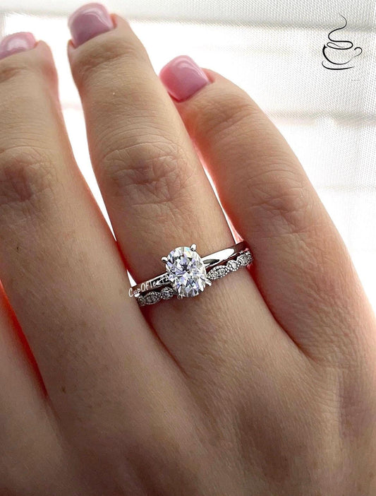 Moissanite. Sterling Silver 925 engagement ring set with 1.5CT oval cut D VVS moissanite and half eternity art deco moissanite band