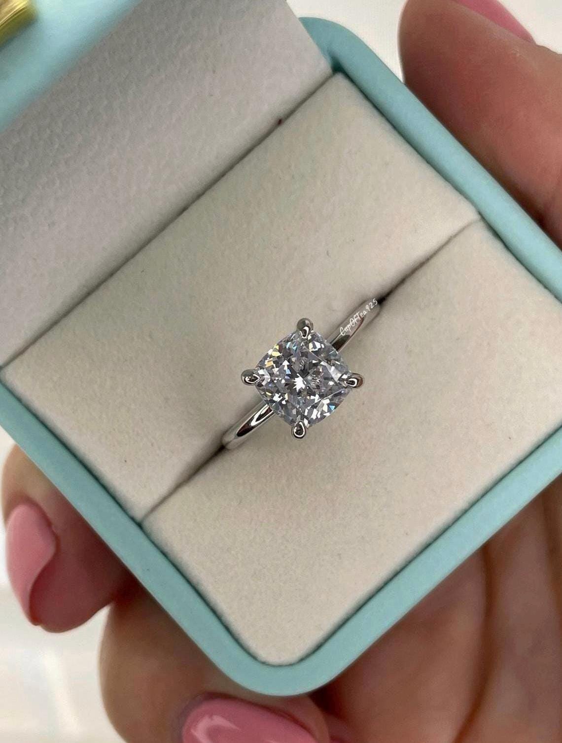 The Layla. 10K, 14K, 18K Gold, 2.5CT Cushion Cut Engagement Ring with D VVS clear Moissanite