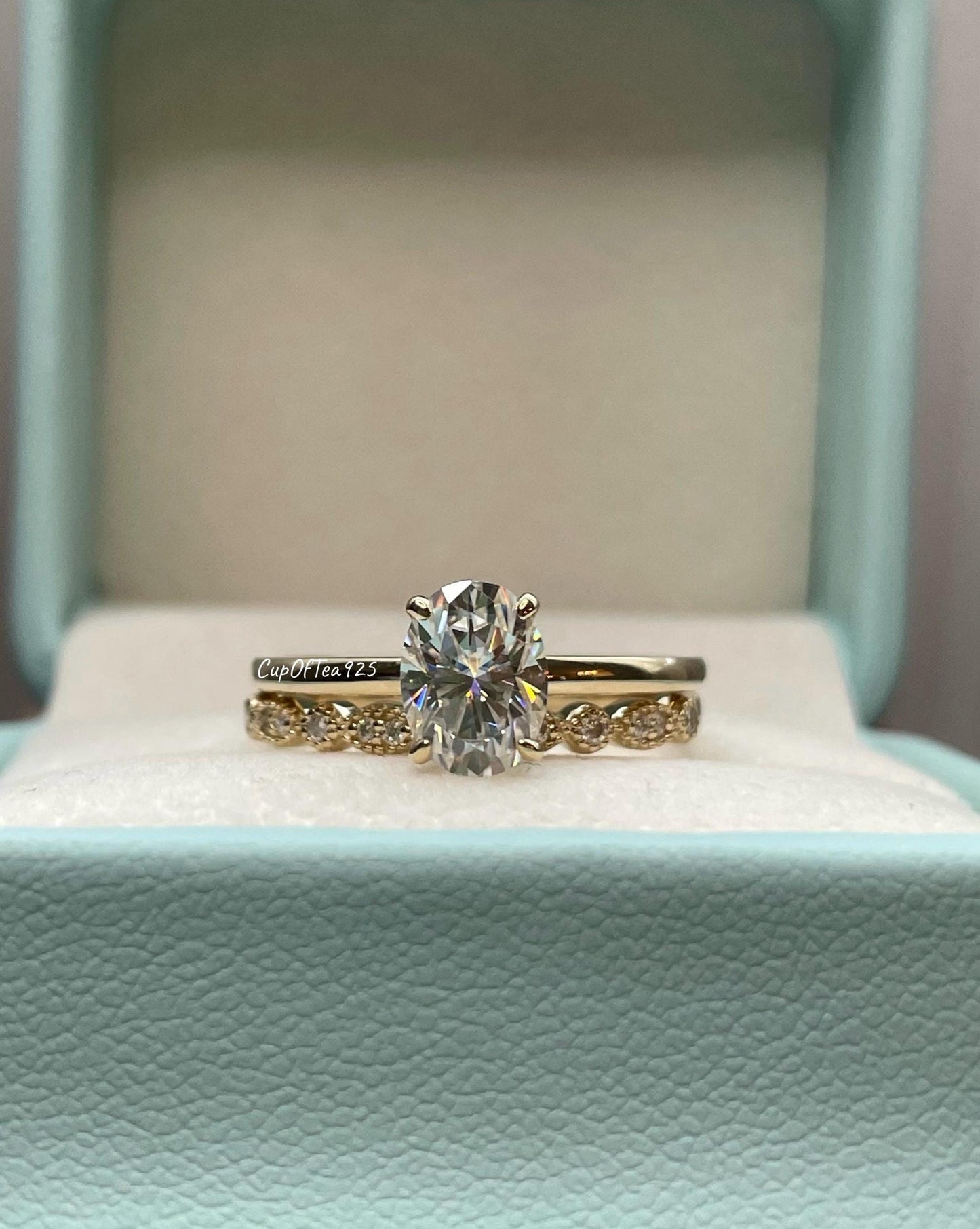 Moissanite engagement ring set. 10K, 14K gold bridal set with 1.5CT oval cut moissanite and half eternity art deco moissanite band