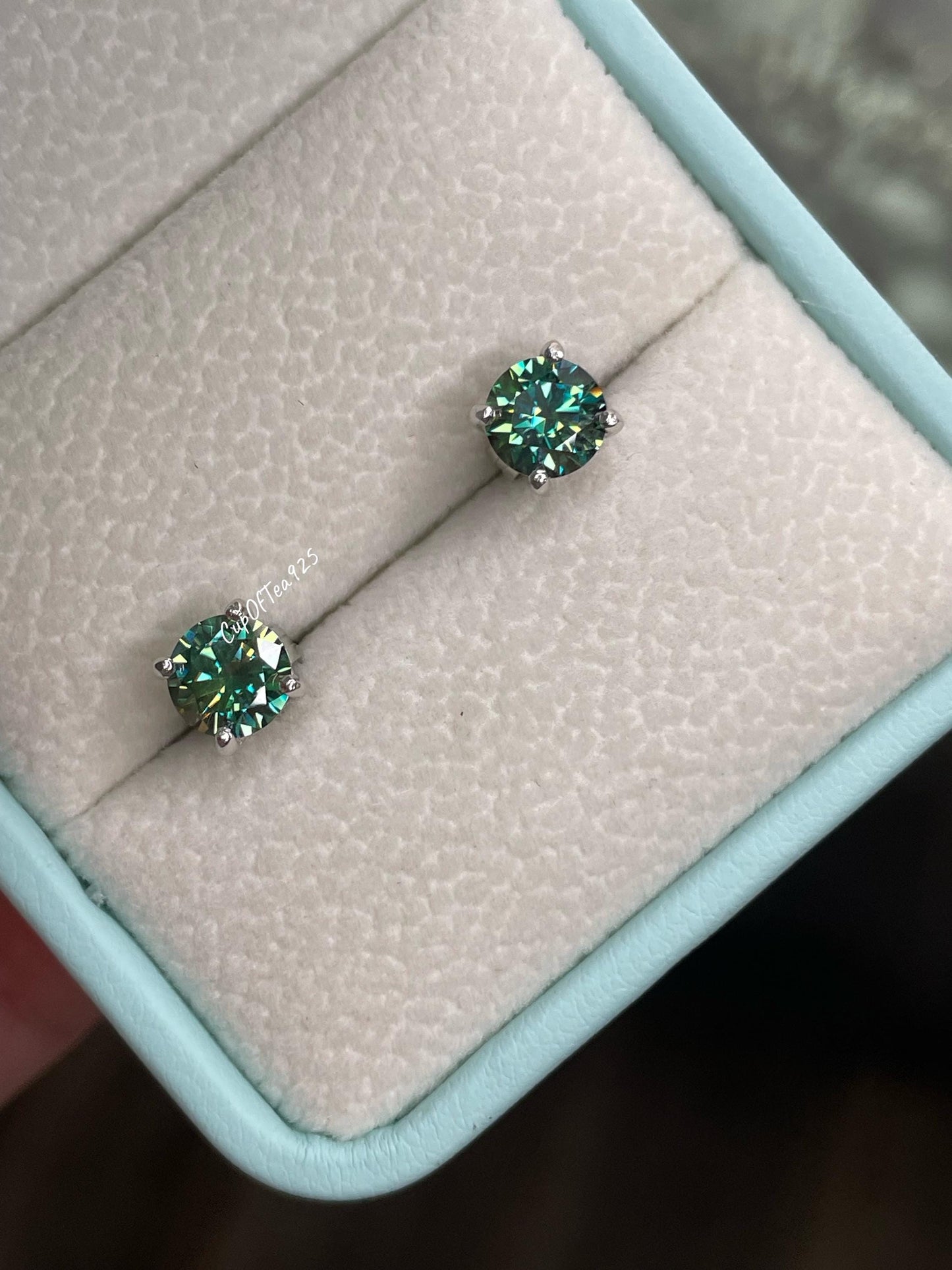 Green Moissanite, blue , blue-green moissanite 1.6CTTW (0.8CT+0.8CT) Stud Earrings in Sterling Silver 925