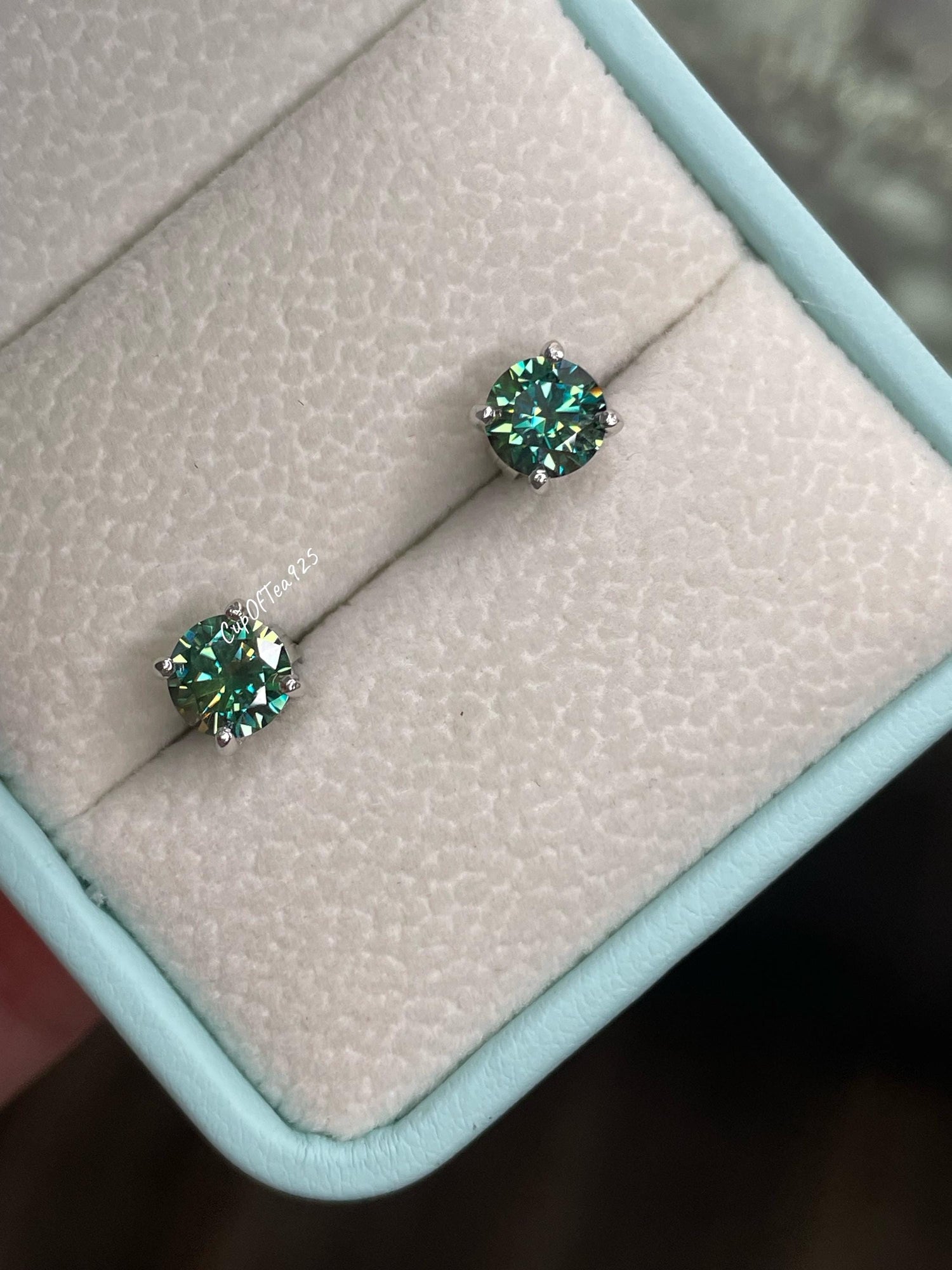 Green Moissanite, blue , blue-green moissanite 1.6CTTW (0.8CT+0.8CT) Stud Earrings in Sterling Silver 925