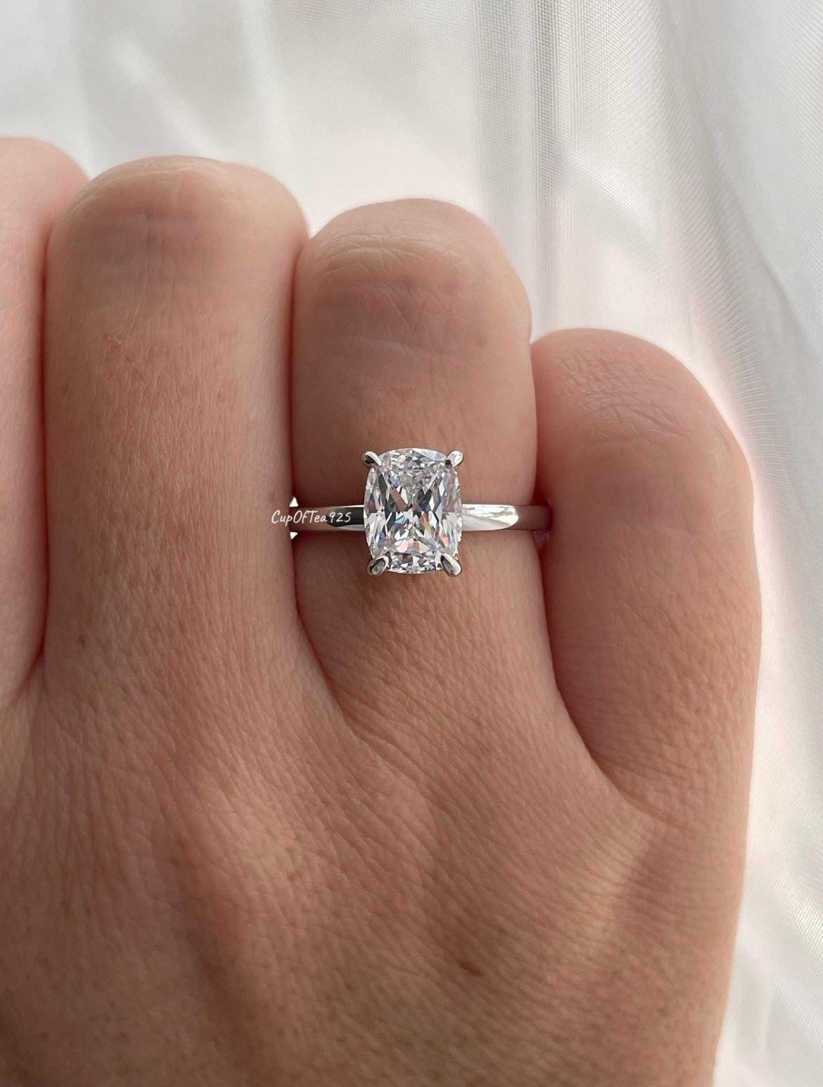 The Madison. Hidden halo. Sterling Silver 925 2.5CT elongated cushion cut Solitare engagement ring with hidden halo.