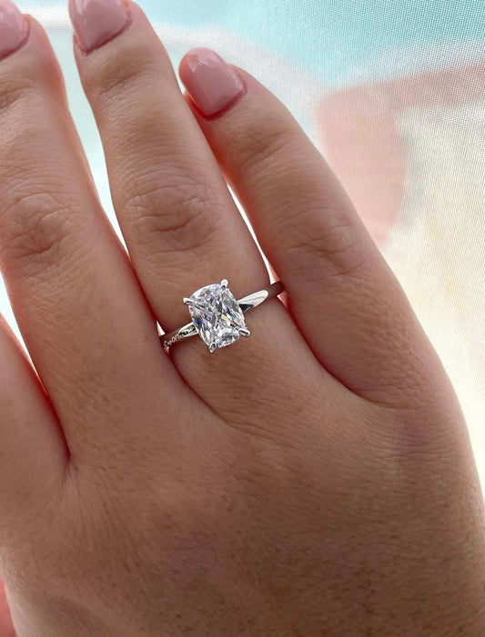 The Madison. Hidden halo. Sterling Silver 925 2.5CT elongated cushion cut Solitare engagement ring with hidden halo.