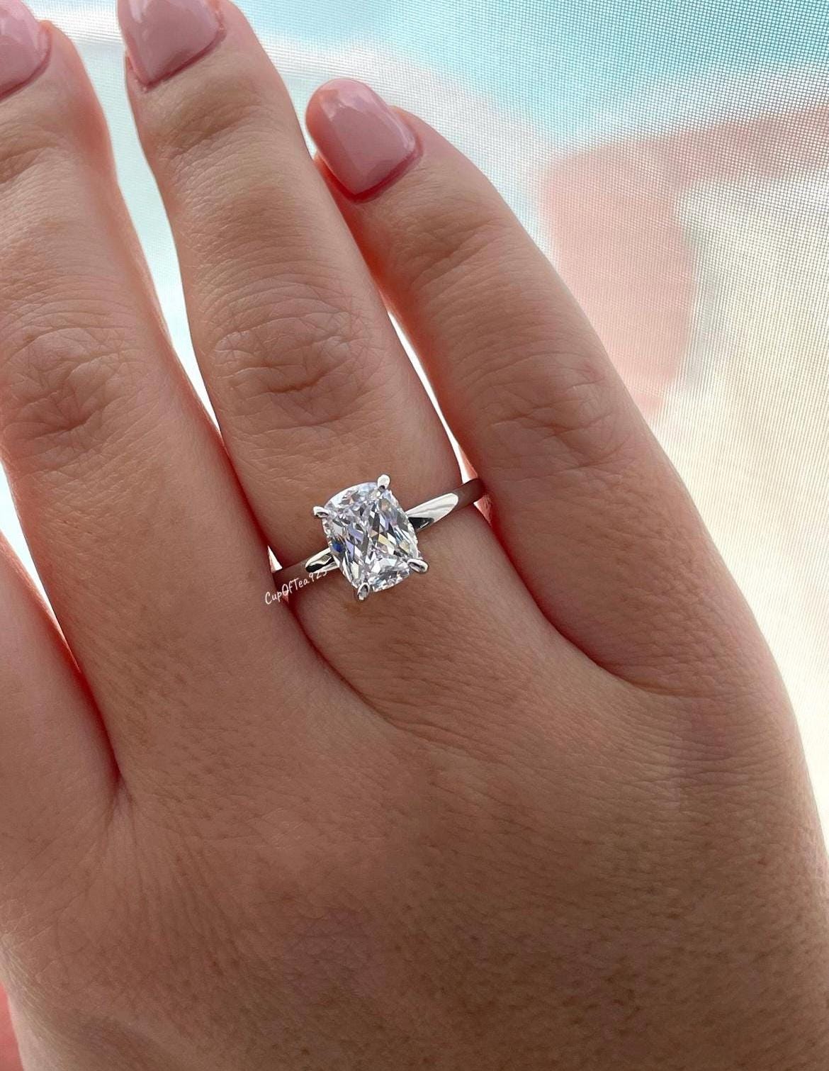 The Madison. Hidden halo. Sterling Silver 925 2.5CT elongated cushion cut Solitare engagement ring with hidden halo.