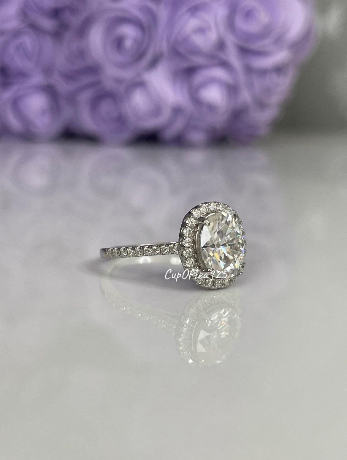 2CT Oval Moissanite Halo Engagement Ring: Sterling Silver 925, VVS DEF