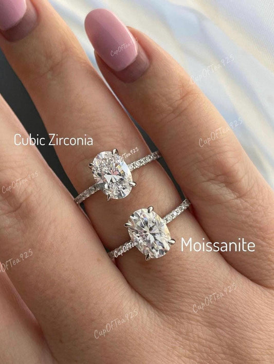 Hidden Halo. Sterling Silver 925 engagement ring with 2.5CT oval cut D VVS moissanite or CZ diamonds,yellow gold,rose gold