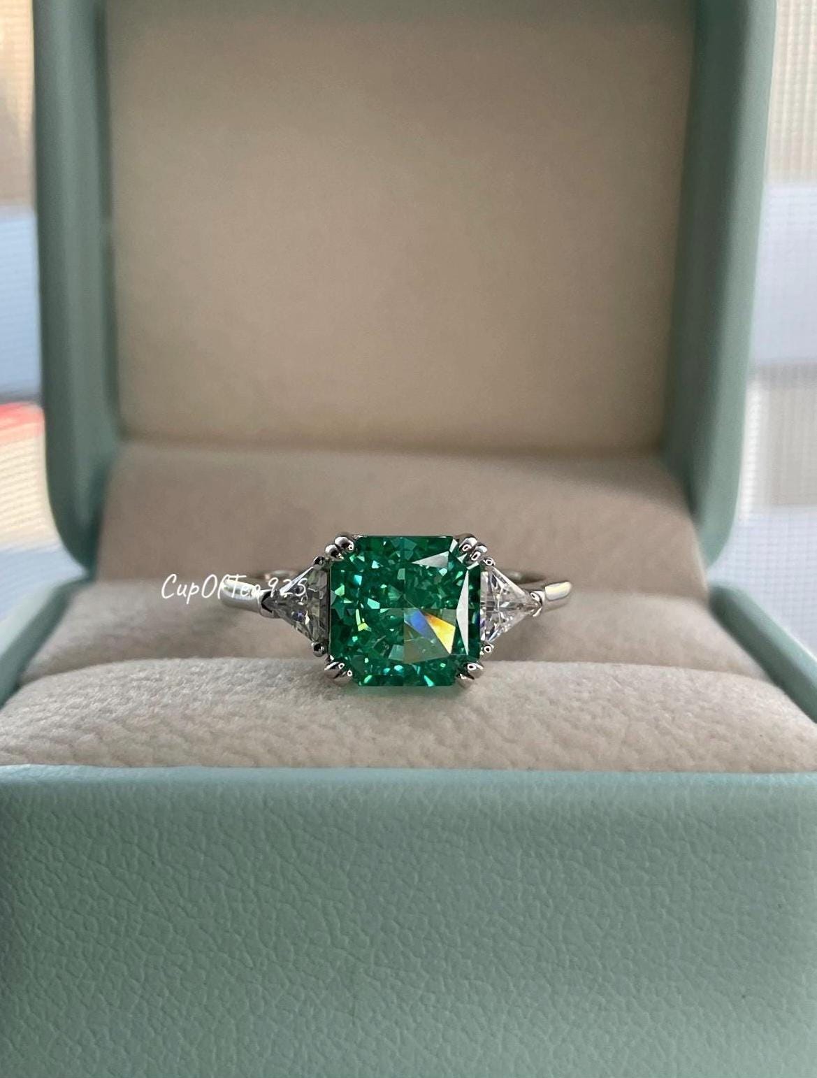 Green Parabia CZ Engagement Ring: Crushed Ice Sterling Silver 3CT