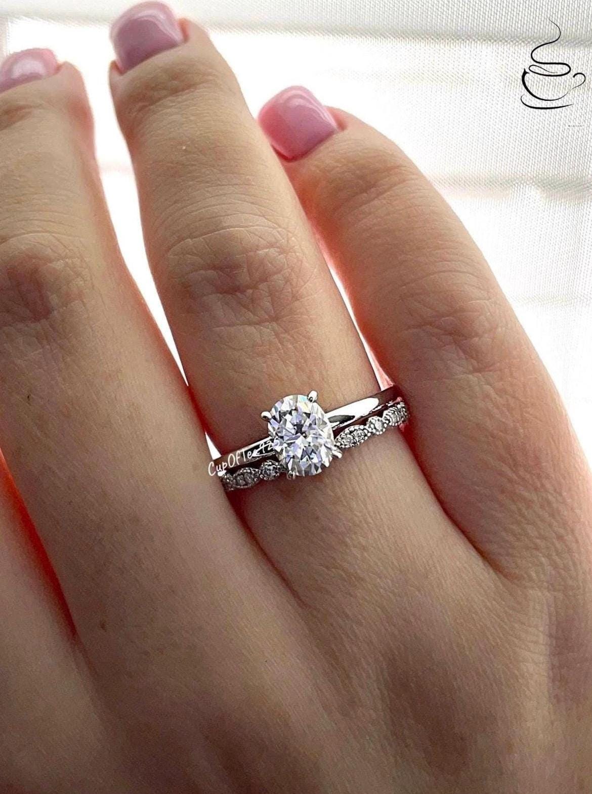 Moissanite bridal ring set with 1.5CT oval cut Solitare engagement ring and art deco band in silver 925, yellow gold, rose gold