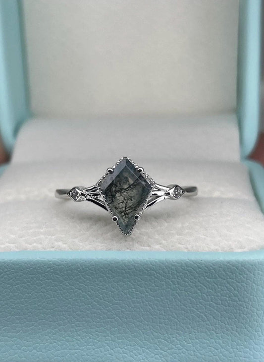 Kite Green Moss Agate Ring: Sterling Silver 925, CZ Diamonds