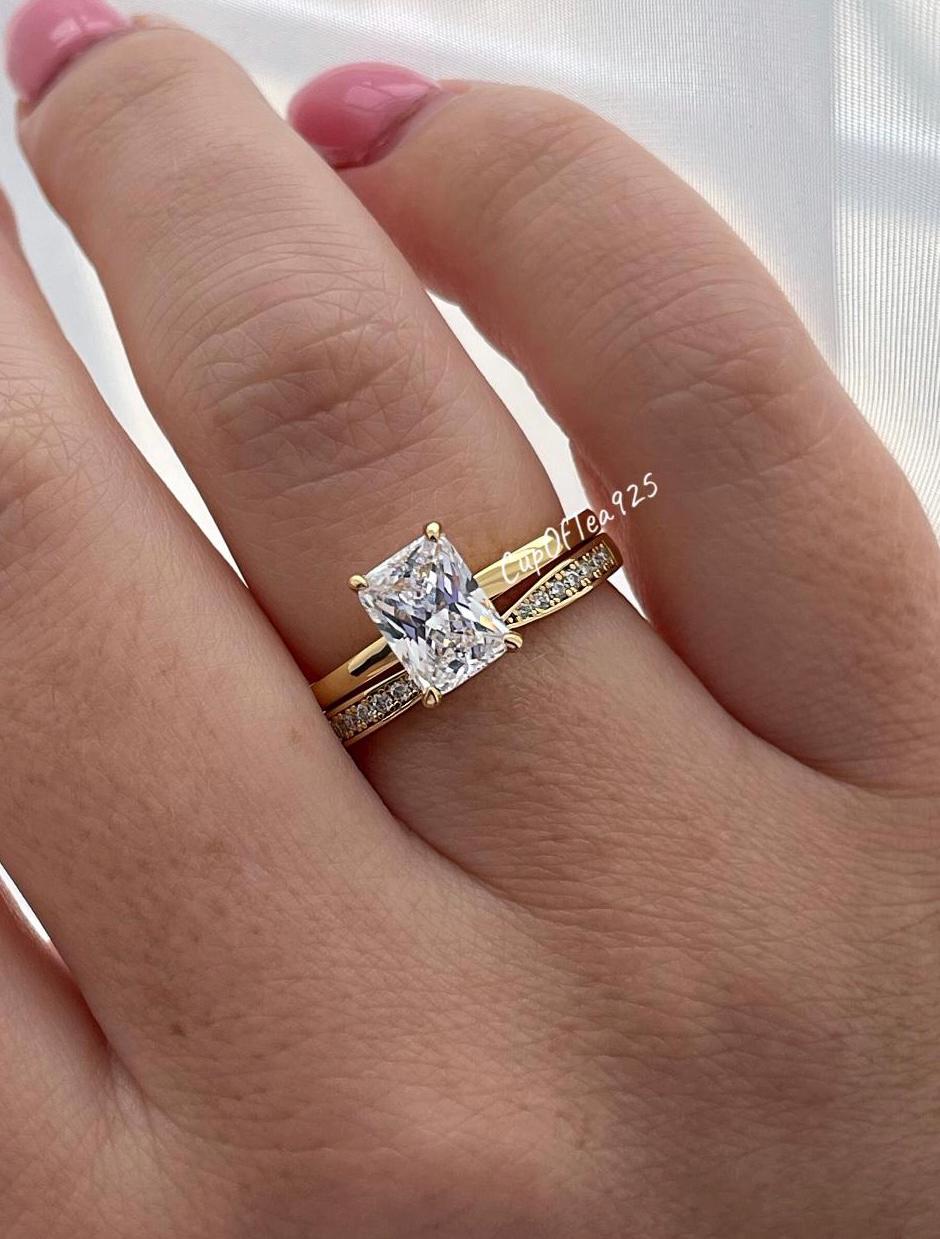 Yellow Gold over Sterling Silver Bridal Ring Set with 2CT Radiant Cut CZ & Moissanite Band
