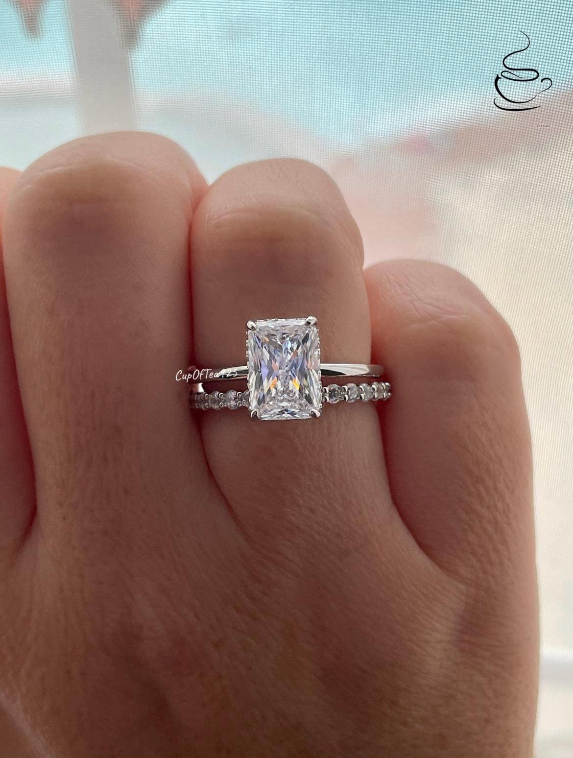 New In! Sterling Silver 925 Bridal Set with 2CT or 3CT CZ Radiant Cut engagement ring with hidden halo and half eternity band.
