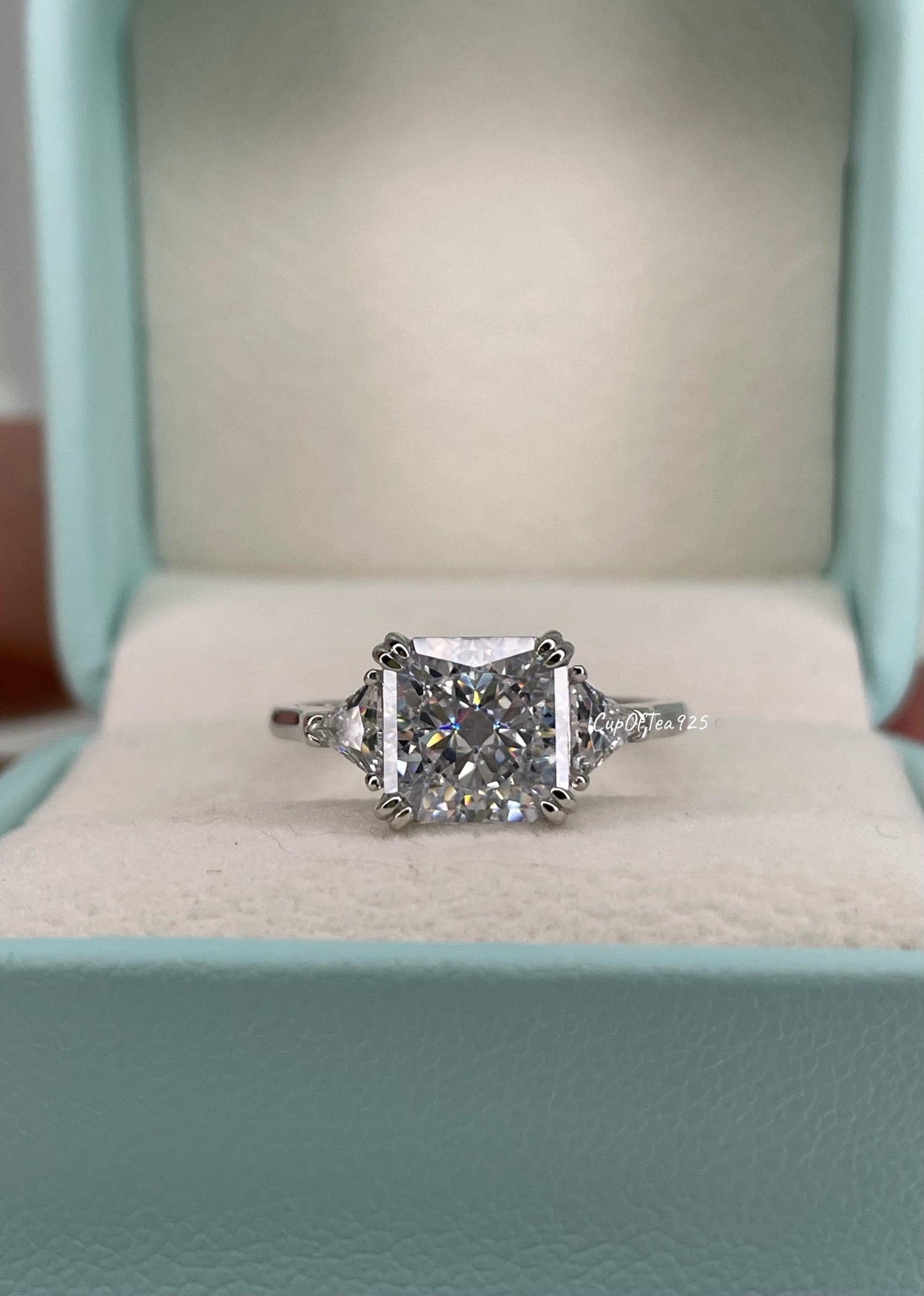 Crushed ice 3CT engagement ring with 8A CZ simulated diamond in sterling silver 925. Engagement ring, promise ring, three stone ring