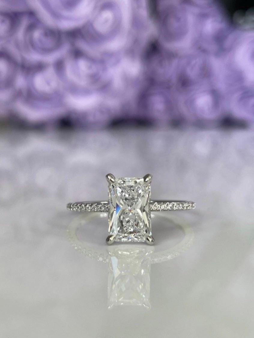 14K, 18K gold engagement ring with 2.2CT radiant cut moissanite and hidden halo, moissanite engagement ring