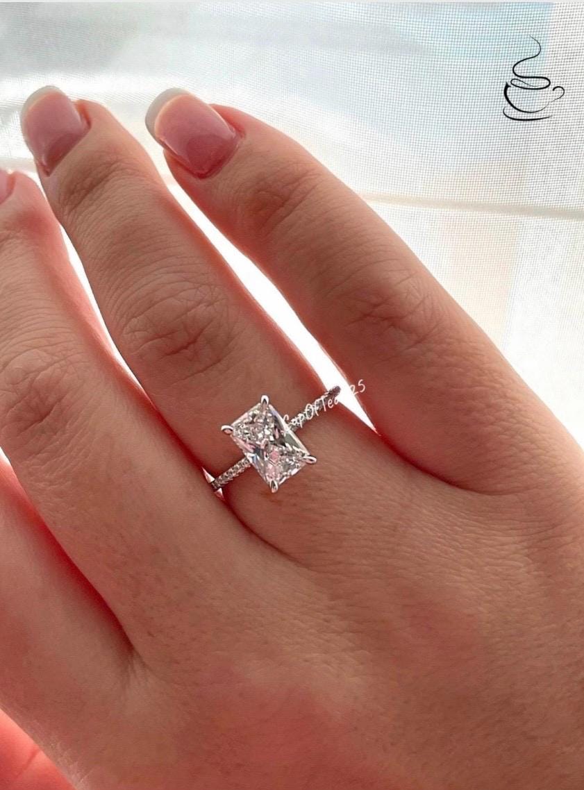 14K, 18K gold engagement ring with 2.2CT radiant cut moissanite and hidden halo, moissanite engagement ring
