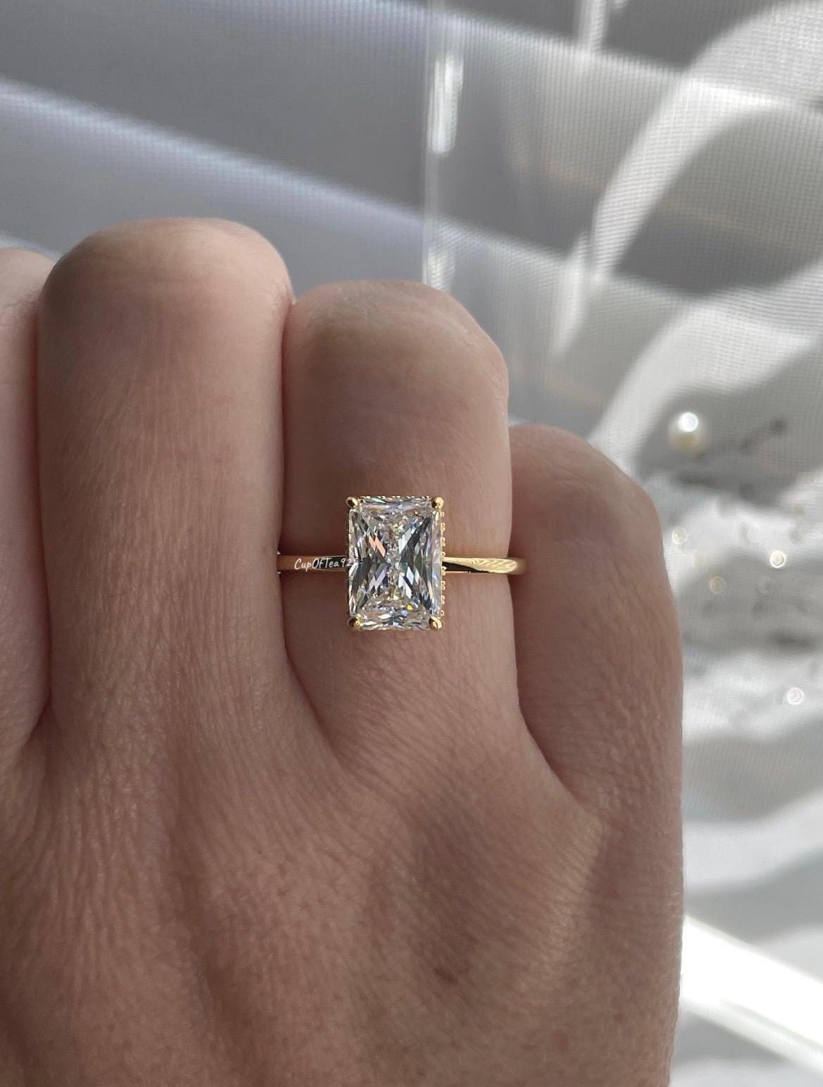 Hidden Halo. Yellow gold vermeil, Sterling Silver 925 engagement ring with 2CT 3CT radiant cut and hidden halo, radiant cut ring