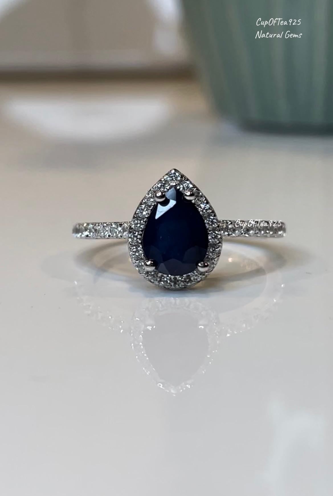 Sapphire ring. Sterling Silver 925 engagement ring with 1.2CT Pear Shaped Blue Sapphire, September Birthstone