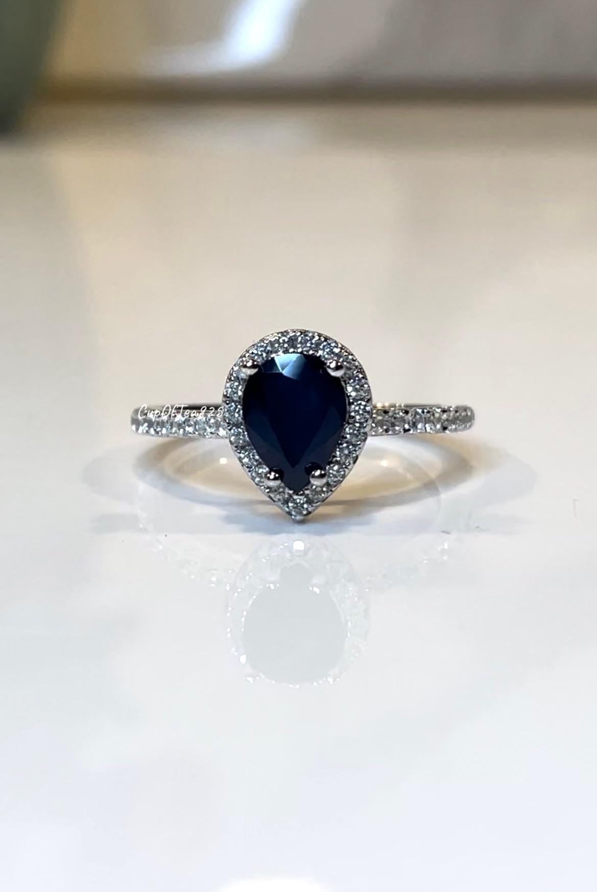 Sapphire ring. Sterling Silver 925 engagement ring with 1.2CT Pear Shaped Blue Sapphire, September Birthstone