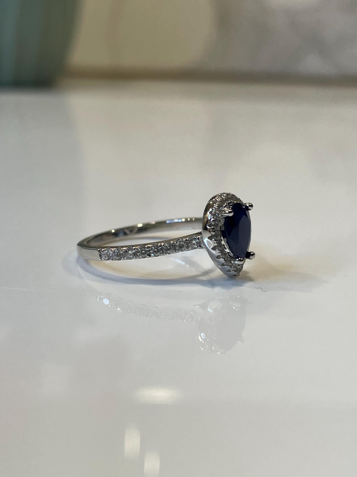 Sapphire ring. Sterling Silver 925 engagement ring with 1.2CT Pear Shaped Blue Sapphire, September Birthstone