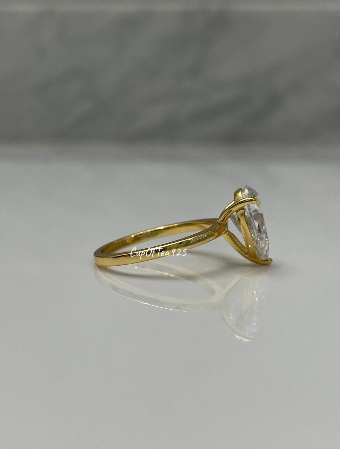 Yellow Gold Vermeil, Sterling Silver 925 2CT or 3.5CT CZ Pear cut Solitaire Engagement Ring, tear drop ring, travel ring