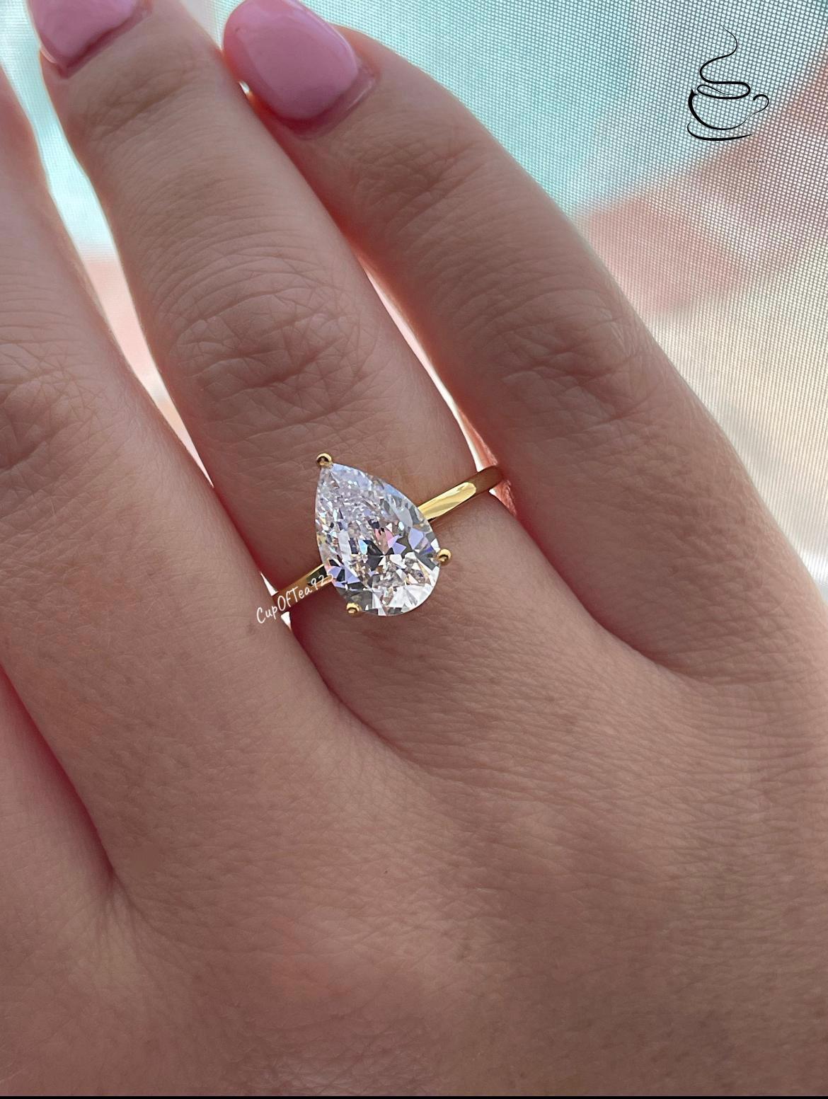 Yellow Gold Vermeil, Sterling Silver 925 2CT or 3.5CT CZ Pear cut Solitaire Engagement Ring, tear drop ring, travel ring