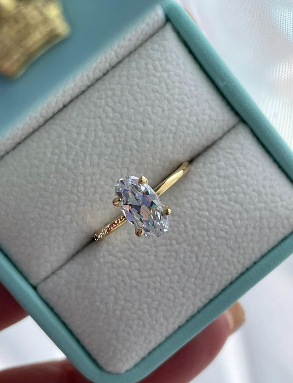Yellow gold vermeil engagement ring with 2.2CT elongated oval cut, silver 925 ring, rose gold oval engagement ring promise ring gift for her