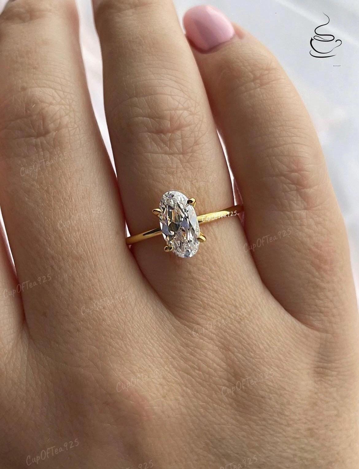 Yellow gold vermeil engagement ring with 2.2CT elongated oval cut, silver 925 ring, rose gold oval engagement ring promise ring gift for her