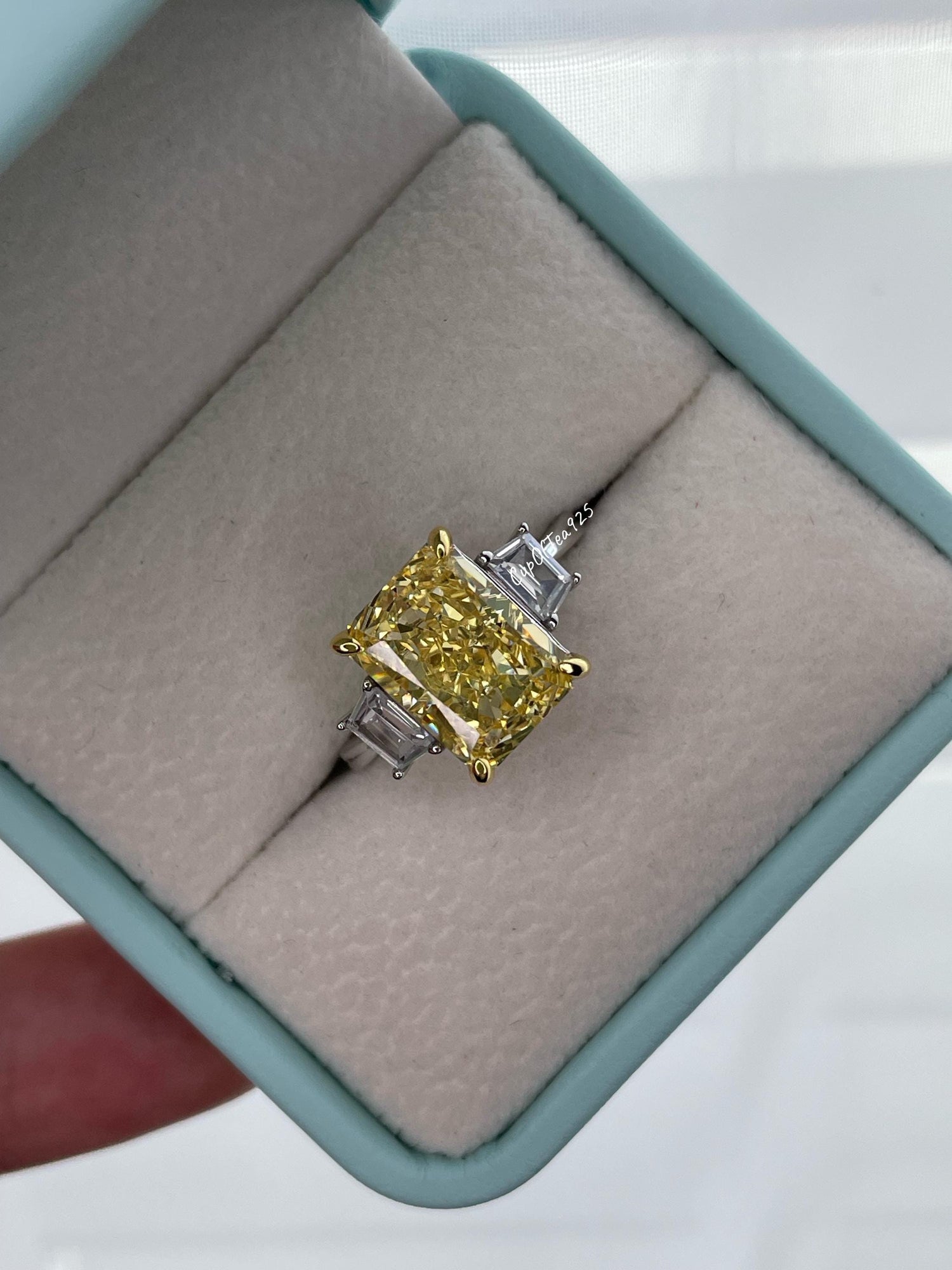 Canary Yellow Crushed Ice Simulated Diamond Engagement Ring, Sterling Silver, Radiant cut