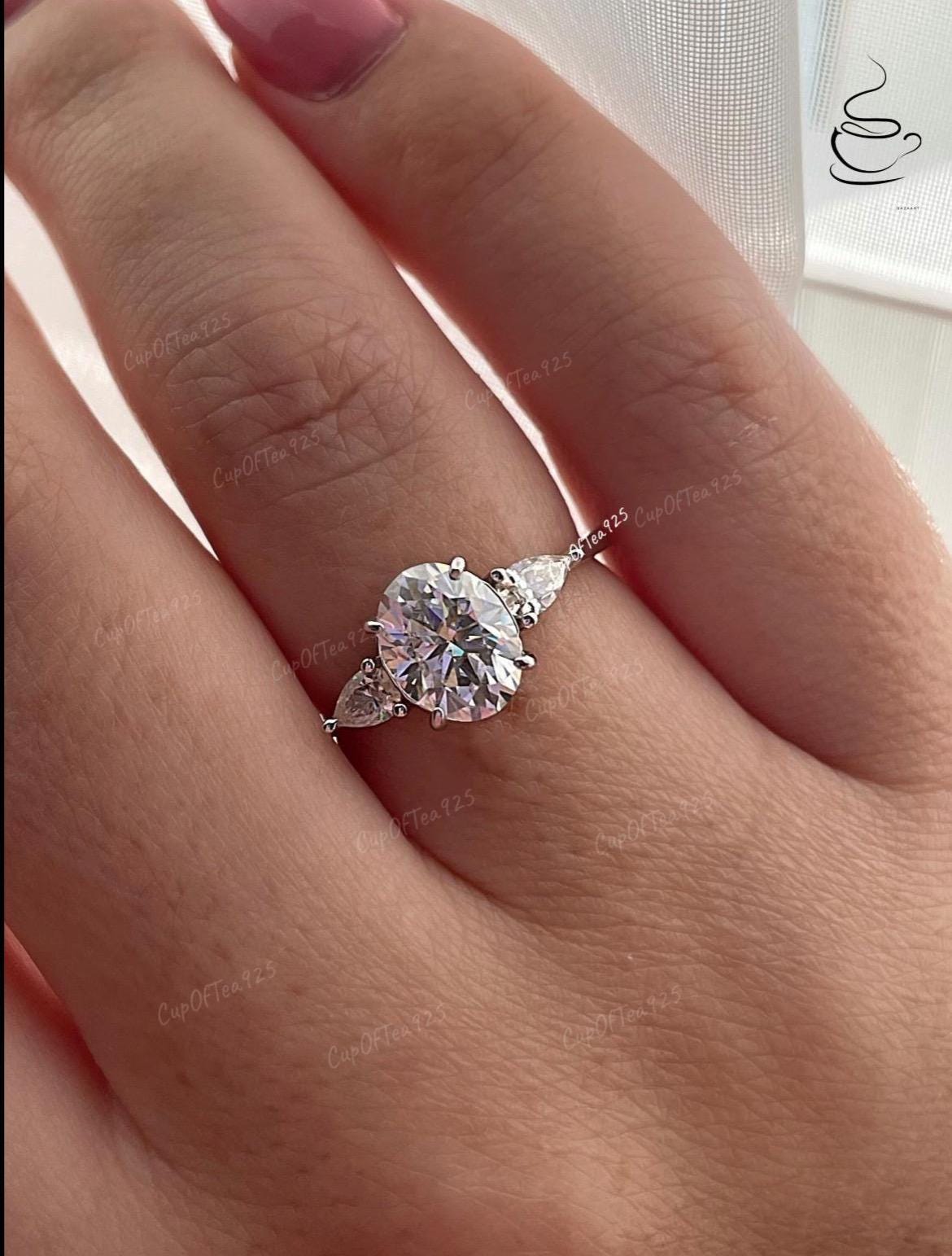 Oval Moissanite Engagement Ring: Sterling Silver Three Stone Promise Ring