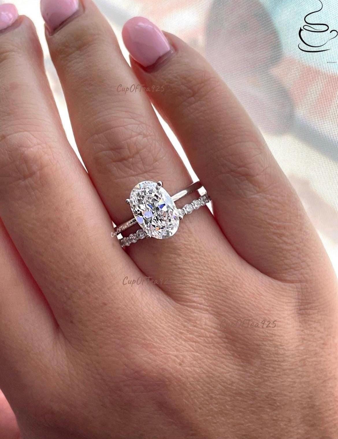 Oval Moissanite Engagement Ring Set, Gold vermeil, Sterling silver 925 Bridal Jewelry