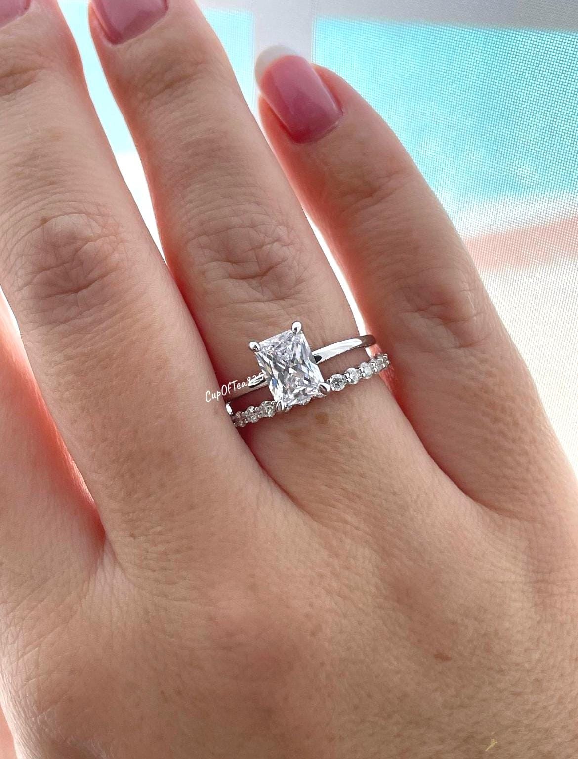 Sterling Silver 925 Bridal Set with 2CT Radiant Cut Solitare and half eternity band, engagement ring