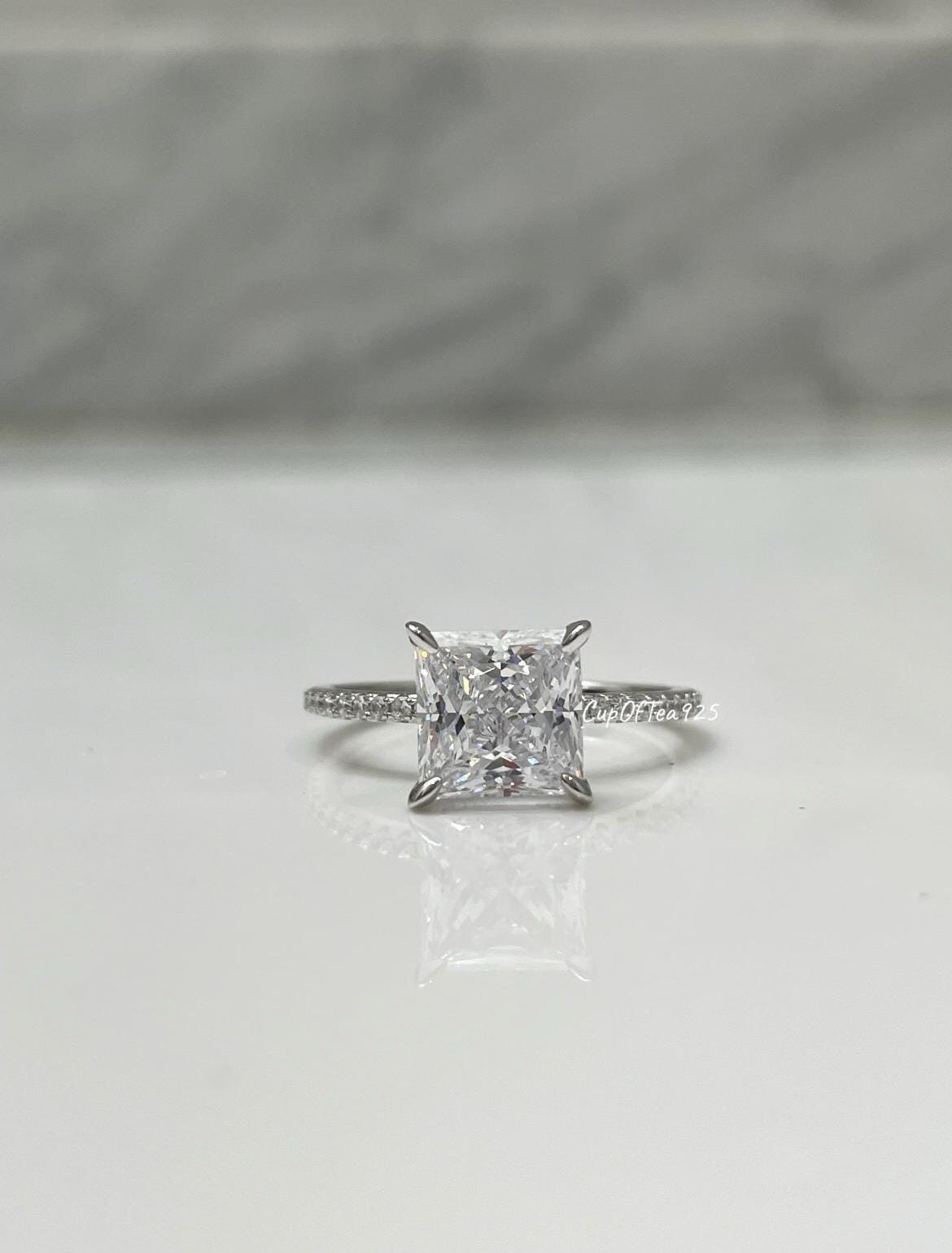 Sterling Silver Princess Cut Engagement Ring: 3CT Simulated Diamond Hidden Halo