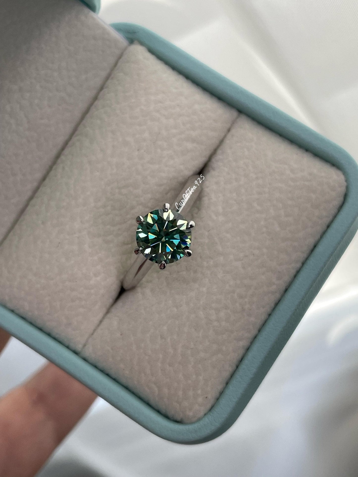 2CT Blue-Green Moissanite Solitaire Ring, Sterling Silver Engagement Ring