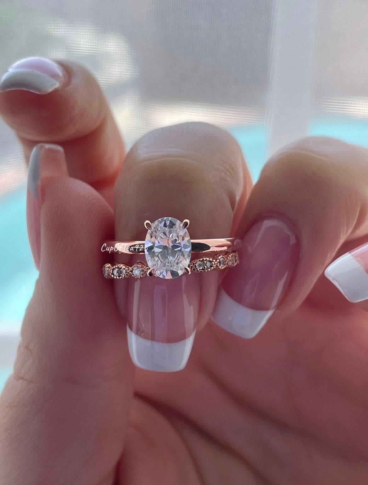 Moissanite bridal ring set with 1.5CT oval cut Solitare engagement ring and art deco band in silver 925, yellow gold, rose gold